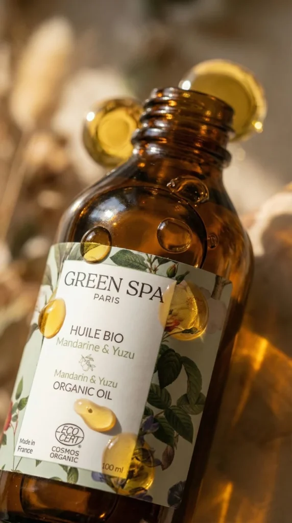 Huile bio mandarine yuzu Greenspa en flacon, ambiance lumineuse et naturelle, soin corps et massage relaxant